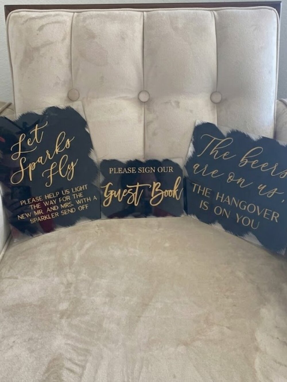 Set of 3 Acrylic wedding signs black / gold and 2 black metal stands